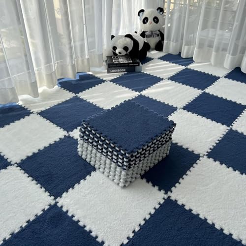 Schaumstoff-Puzzle-Matte, quadratisch, ineinandergreifend, weiche Plüsch-Bodenmatte, 30,5 cm, 10 Stück (Marineblau + Weiß) von KIJyfgTR