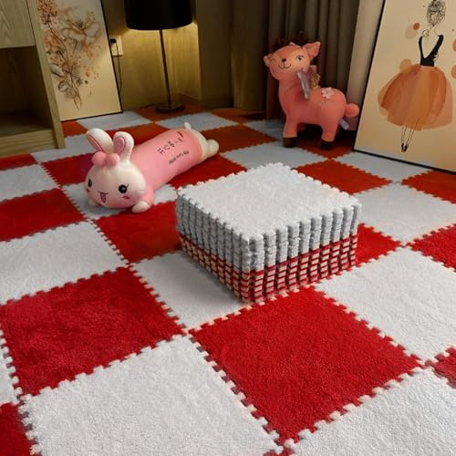 Schaumstoff-Puzzle-Matte, quadratisch, ineinandergreifende Teppichfliesen, weiche Plüsch-Bodenmatte, 30,5 cm, Rot + Weiß, 10 Stück von KIJyfgTR