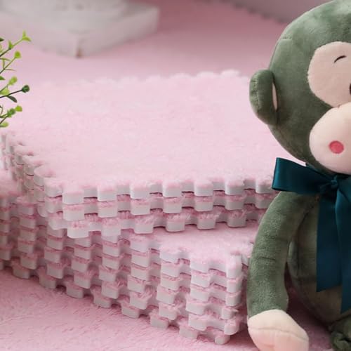 Shaggy-Fliesen-Teppiche mit ineinandergreifenden Rändern, für alle Jahreszeiten, Heimdekoration, Puzzle- und Spiel-Bodenmatte, 30,5 x 30,5 cm, waschbar, weiche Schaumstoff-Fliesenteppiche, Rosa, 10 von KIJyfgTR