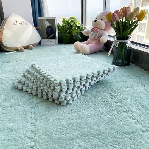 Shaggy-Fliesen-Teppiche mit ineinandergreifenden Rändern, für alle Jahreszeiten, Heimdekoration, Puzzle- und Spiel-Bodenmatte, waschbar, weiche Schaumstofffliesen-Teppiche, 30,5 x 30,5 cm, Minzgrün von KIJyfgTR