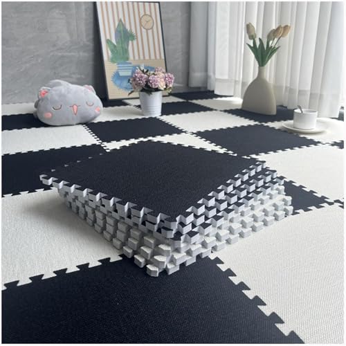 Spielmatten aus Baumwoll-Leinen-Schaumstoff, 30 x 30 cm, quadratisch, ineinandergreifende Teppichfliesen, 1 cm dick, Schwarz + Beige, 10 Stück von KIJyfgTR