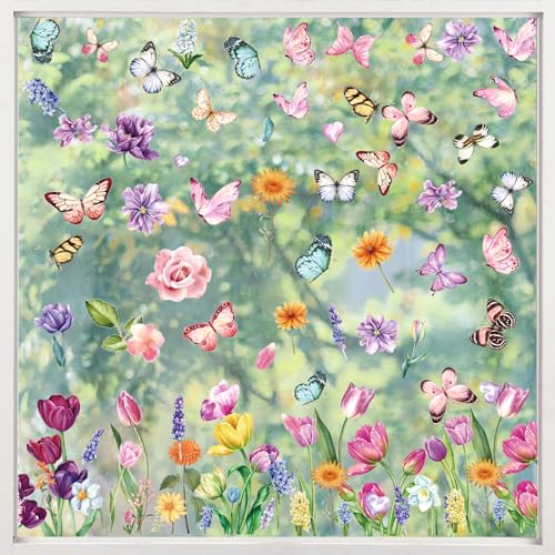 KIKISML Fensterbilder Frühling Selbstklebend 9 Blätter, Fenstersticker Frühling mit Schmetterling Blumen, Frühling Sommer Fensterdeko, Frühling Fensteraufkleber Wiederverwendbare für Kinderzimmer von KIKISML