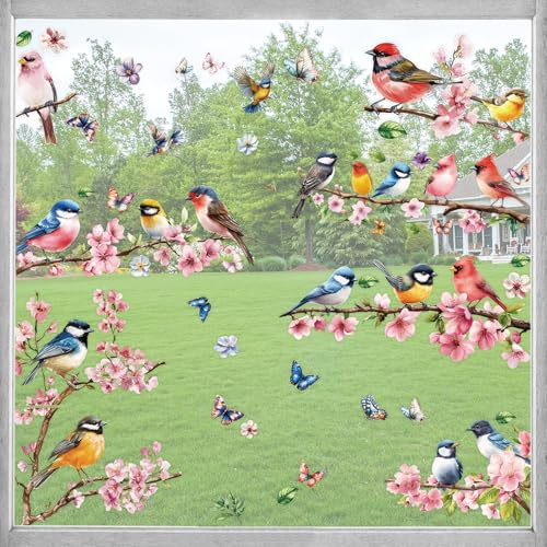 KIKISML Fensterbilder Frühling Selbstklebend mit Blumen Vögel Schmetterlinge, Fensterdeko Frühling Fenstersticker Wiederverwendbare, 9 Blatt Fensteraufkleber für Kinderzimmer von KIKISML