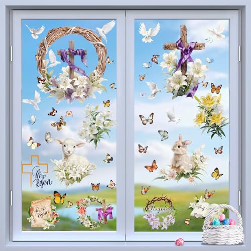 KIKISML Fensterbilder Ostern Selbstklebend, 9 Blätter Ostern Fenstersticker Wiederverwendbar mit Kreuz, Ostern Fensteraufkleber Fensterdeko für Kinderzimmer von KIKISML