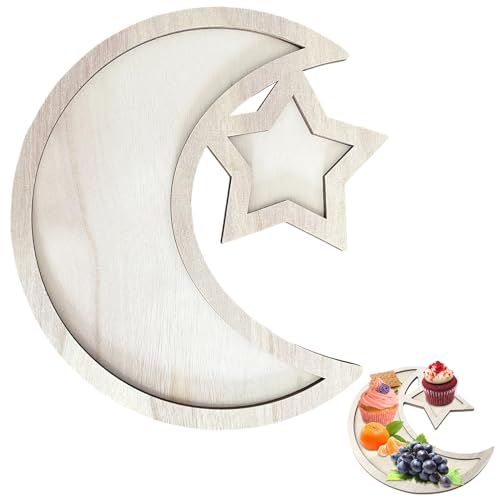 KIKVTER Ramadan Deko, Ramadan Tablett, Eid Mubarak Tablett, Ramadan Holz Tablett Mond Holz Stern Geschirr, Ramadan Dekoration für Essen Obst Snack Dessert Halter, Eid Mubarak Party Servieren von KIKVTER