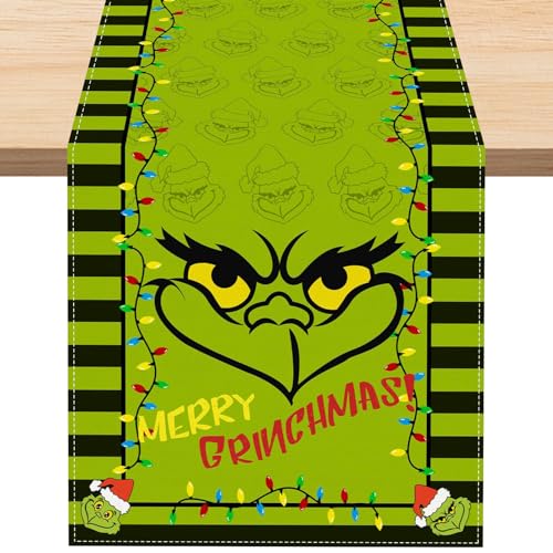 Grinch TischläUfer Weihnachten, Linen Weihnachtstischdecke Merry Grinchmas Tischdecke Winter Esstischdekoration Party Waschbar Winter Weihnachten Küche Tischtuch Indoor Outdoor Garten von KIKVTER