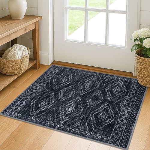 KILOCOCO Boho-Eingangsteppich, bedruckt, kleiner Teppich, Innenfußmatte, maschinenwaschbar, Küchenteppich, superweich, rutschfest, für Schlafzimmer, Eingang, geometrische Waschküche, Schwarz von KILOCOCO