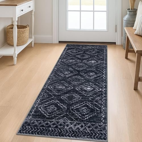 KILOCOCO Boho-Küchenläufer, waschbar, Läufer für Flur, rutschfest, bedruckt, Used-Look, Waschküchenteppich, niedriger Flor, für Eingangsbereich/Schlafzimmer/Wohnzimmer, Schwarz von KILOCOCO