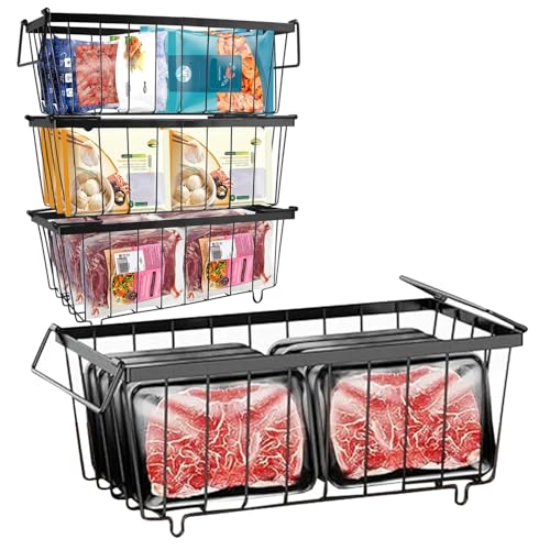 KILPDNZA 3 Stück Gefrierschrank Organizer Gefriertruhe Korb für 198L Gefriertruhen - Stapelbare Metallkorb Einfacher Zugriff auf Tiefkühlkost - mit Griffen Leicht zu Bewegen (4) von KILPDNZA