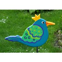 Handbemalter Outdoor Gartensteckerr Zaunkönig "Arvid" Petrol Mit Gelber Krone Und Wetterfester Lackierung, Lieferung Eisenstange von KIMAMAdesign