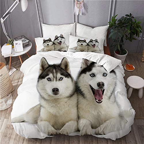 KIMDFACE Animal Theme White Vivid Zwei kuschelnde Siberian Husky Dogs,Mikrofaser Bettwäsche 135x200cm,Reißverschluss Bettbezug 2 Kissenbezug 50x80cm von KIMDFACE