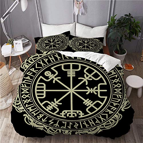KIMDFACE Magic Runic Compass Vegvisir im Kreis der nordischen Runen und Drachen,Mikrofaser Bettwäsche 220x240cm,Reißverschluss Bettbezug 2 Kissenbezug 50x80cm von KIMDFACE