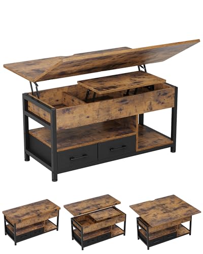 Couchtisch Höhenverstellbar, 3-in-1-Multifunktions-Wohnzimmertisch, Couchtisch mit 2 Schublade, Kaffeetisch, Versteckter Aufbewahrung, Offenes Fach, Als Esstisch nutzbar, für Wohnzimmer, Büro, Braun von KIMENICH