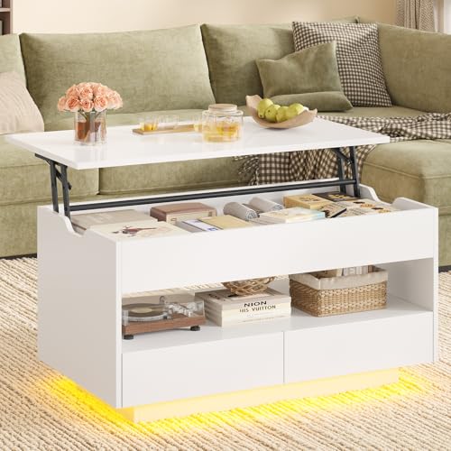 KIMENICH Couchtisch Höhenverstellbar, Moderner Wohnzimmertisch mit LED-Beleuchtung, Kaffeetisch mit 2 Schubladen, für Wohnzimmer, Weiß KIMENICH Couchtisch Höhenverstellbar, Moderner Wohnzimmertisch mit LED-Beleuchtung, Kaffeetisch mit 2 Schubladen, für Wohnzimmer, Weiß von KIMENICH