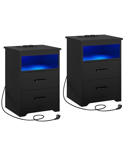 KIMENICH Nachttisch 2er Set mit LED-Beleuchtung，Nachtschrank mit Ladestation，USB-Anschlüssen，2 Schubladen，Sofatisch, für Schlafzimmer, Wohnzimmer, Schwarz mit Holzmaserung von KIMENICH