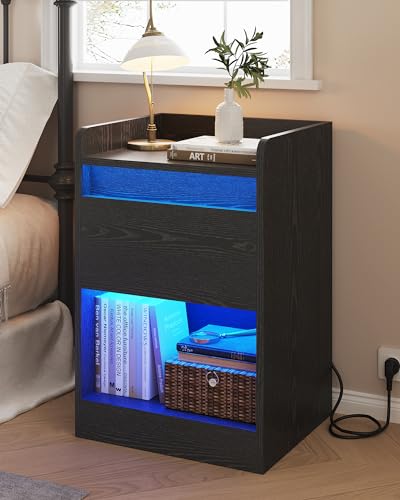 KIMENICH Nachttisch mit 2 LED Streifen, Nachtschrank mit Ladefunktion, USB und USB C Anschlüssen, Sofatisch mit Schubladen, für Schlafzimmer, Wohnzimmer, Schwarz von KIMENICH
