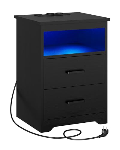 KIMENICH Nachttisch mit LED-Beleuchtung，Nachtschrank mit Ladestation，USB-Anschlüssen，2 Schubladen，Sofatisch, für Schlafzimmer, Wohnzimmer (1, Schwarz) von KIMENICH