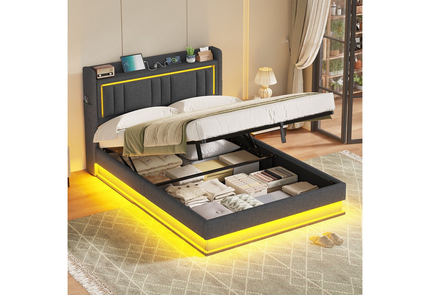 KIMENICH Polsterbett Hydraulisches Bett, Jugendbett mit LED Beleuchtung und Ladestation (1-tlg., Ohne Matratze), Schwebender visueller Effekt, 140x190 cm von KIMENICH