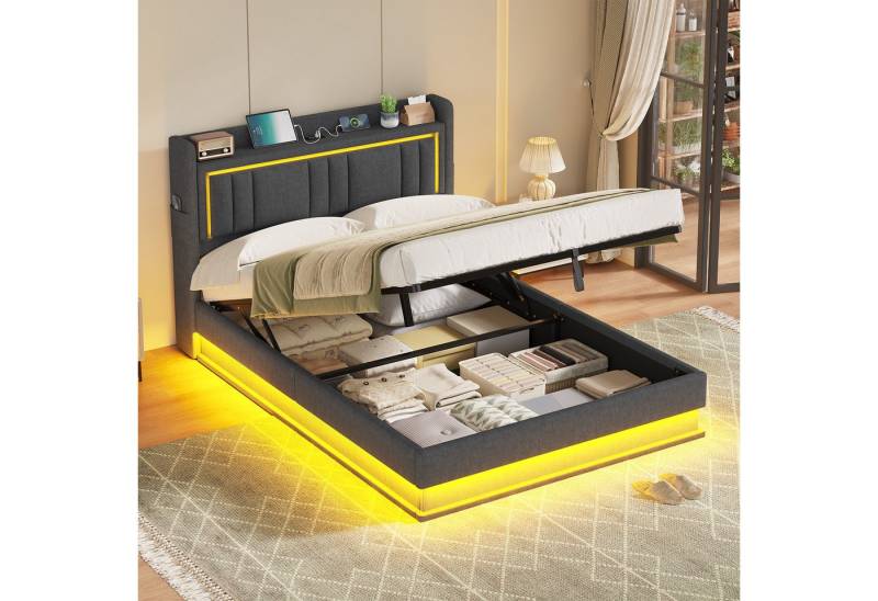 KIMENICH Polsterbett Hydraulisches Bett, Jugendbett mit LED Beleuchtung und Ladestation (1-tlg., Ohne Matratze), Schwebender visueller Effekt, 140x190 cm von KIMENICH