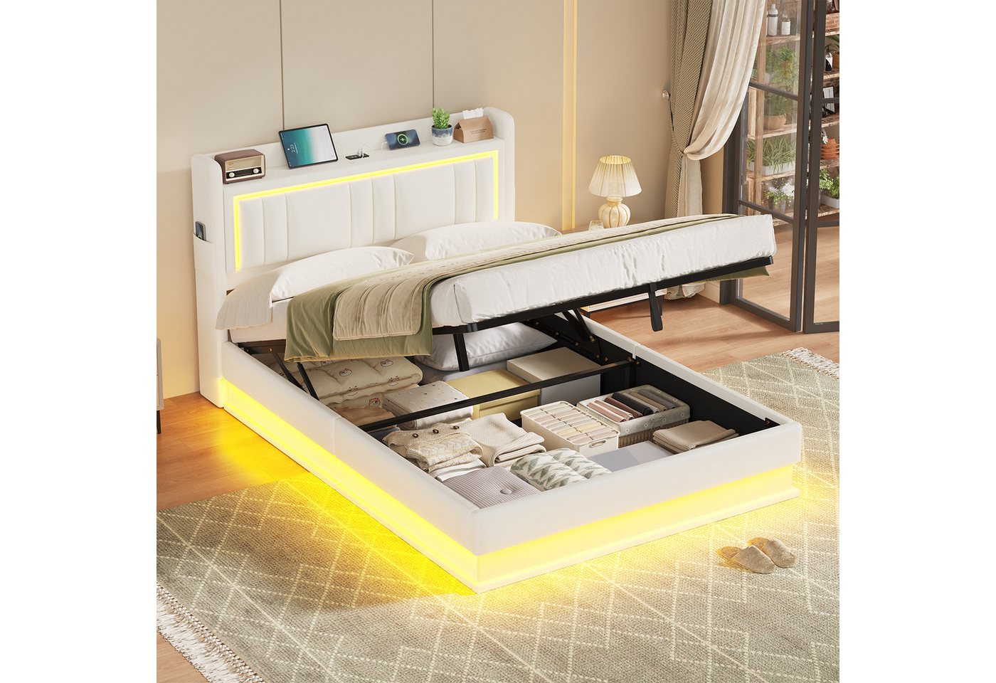 KIMENICH Polsterbett Hydraulisches Bett, Jugendbett mit LED Beleuchtung und Ladestation (1-tlg., Ohne Matratze), Schwebender visueller Effekt, 140x200 cm von KIMENICH