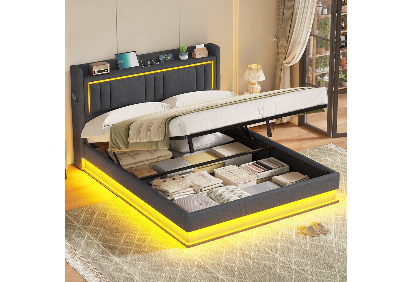 KIMENICH Polsterbett Hydraulisches Bett, Jugendbett mit LED Beleuchtung und Ladestation (1-tlg., Ohne Matratze), Schwebender visueller Effekt, 160x200 cm von KIMENICH