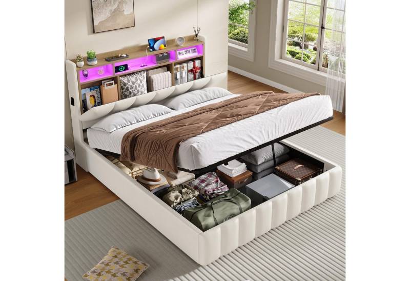 KIMENICH Polsterbett mit LED Beleuchtung mit Ladefunktion, 140 x 190 cm, Beige von KIMENICH