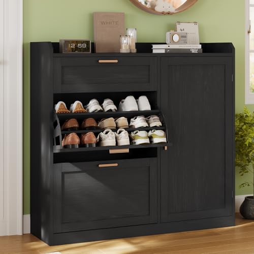 KIMENICH Schuhschrank mit 2 Klappen, Schuhkipper Schmal, Schuhschrank mit 1 Schublade, Schrank, Trennwand Verstellbar, für 12-15 Paar Schuhe, Flur, Eingansbereich, 30 x 100 x 104 cm, Schwarz KIMENICH Schuhschrank mit 2 Klappen, Schuhkipper Schmal, Schuhschrank mit 1 Schublade, Schrank, Trennwand Verstellbar, für 12-15 Paar Schuhe, Flur, Eingansbereich, 30 x 100 x 104 cm, Schwarz von KIMENICH