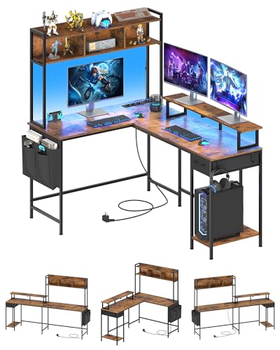 Gaming Schreibtisch mit LED, Schreibtisch L Form, Reversibel Computertisch mit Bücherregal und Monitorständer, Gaming Tisch mit 2 LED und Steckdose, Bürotisch, Schubladen, 2 Haken, Büro, Braun von KIMENICH