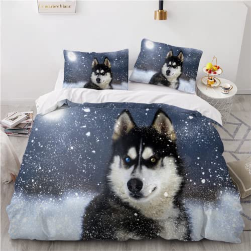 Bettwäsche 135x200 Husky-Hund 3D Druck Bettbezüge Kuschelig Atmungsaktive Bettwäsche-Sets 3 Teilig Niedliche Tiere Betten Set mit Reißverschluss und 2 Kissenbezug 80x80 Kinder Jungen Mädchen von KIMETI