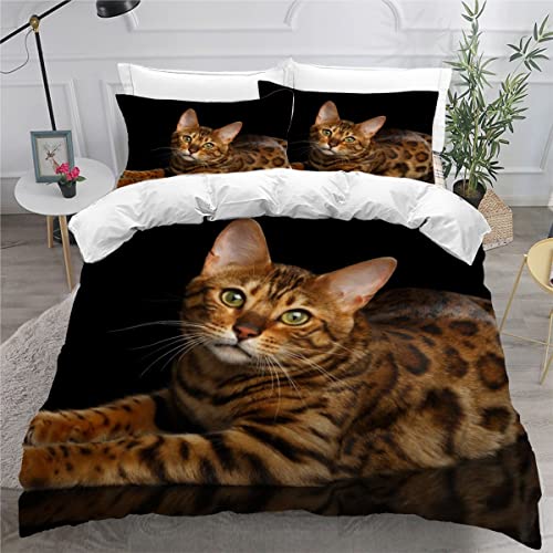 Bettwäsche 135x200 Katzen 3D Druck Bettbezüge Kuschelig Atmungsaktive Bettwäsche-Sets 3 Teilig Bengalische Katze Niedlich Betten Set mit Reißverschluss und 2 Kissenbezug 80x80 Kinder Jungen Mädchen von KIMETI