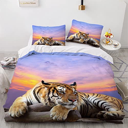 Bettwäsche 135x200 Tiger 3D Druck Bettbezüge Kuschelig Atmungsaktive Bettwäsche-Sets 3 Teilig Afrikanische Tierwelt Betten Set mit Reißverschluss und 2 Kissenbezug 80x80 Kinder Jungen Mädchen von KIMETI