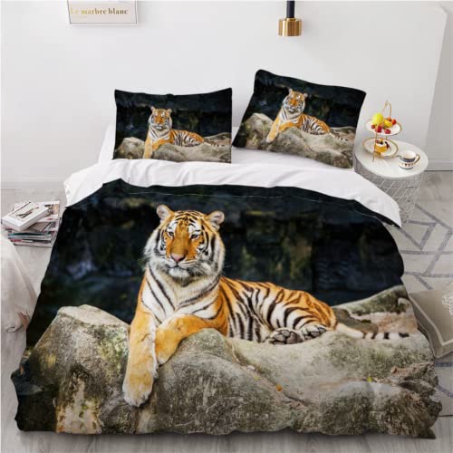 Bettwäsche 135x200 Tiger 3D Druck Bettbezüge Kuschelig Atmungsaktive Bettwäsche-Sets 3 Teilig Afrikanische Wildtiere Betten Set mit Reißverschluss und 2 Kissenbezug 80x80 Kinder Jungen Mädchen von KIMETI