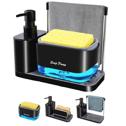 KIMIGO 2-in-1 Küchen-Seifenspender,Pumpspender und Spülbecken-Organizer mit Rutschfester Ablage,Halter für Tücher,Schwammhalter und Spülmittelspender,ideal zum Händewaschen und Geschirrspülen von KIMIGO