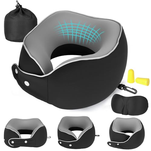KIMIGO Ergonomisches Neck Pillow aus Memory-Schaum –​​ Anpassbare 360°-Nackenunterstützung,Travel Pillow​​ für Flugzeug/Auto/Zug,waschbarer Plüschbezug,inkl.Tragetasche,2 Ohrstöpsel & Schlafmaske von KIMIGO
