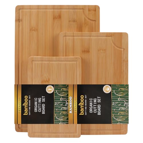 KIMIGO Schneidebrett Holz 3er Set -Tranchierbrett Bambus,Holzbrett Küche,Cutting Board Mit Saftrille, Schneidebrett Set für Fleisch, Gemüse & Brot von KIMIGO