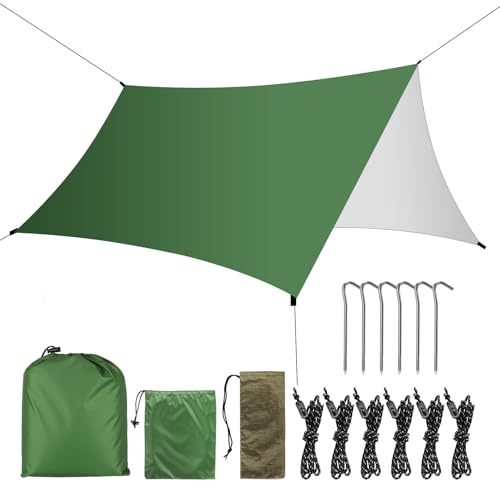 KIMIGO Tarp 3x3M Wasserdicht,Camping Zelt Tarp,UV Schutz Camping Sonnensegel Zelt,Zeltplane Wasserdicht mit 6 Heringe und 6 Seilen Sonnenschutz für Hängematte Outdoor Reisen Picknick Grün von KIMIGO