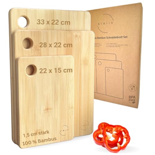 KIMIJO Bambus Schneidebrett 3er-Set - Robust & nachhaltig - Brotbretter & Servierbretter - 33x22 cm, 28x22 cm, 22x15 cm, extra 1,5 cm stark von KIMIJO