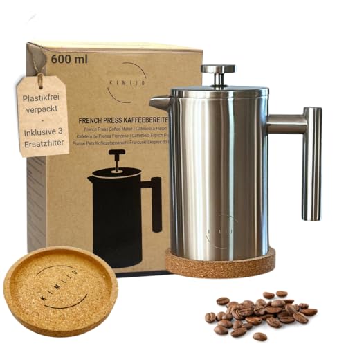 KIMIJO French Press Kaffeebereiter, Edelstahl gebürstet, incl. 3 Ersatzfilter & Korkuntersetzer - Doppelwandig mit Thermofunktion - in drei Größen erhältlich 350 ml, 600 ml und 1 Liter von KIMIJO