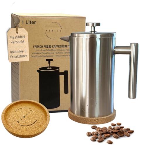 KIMIJO French Press Kaffeebereiter, Edelstahl gebürstet, incl. 3 Ersatzfilter & Korkuntersetzer - Doppelwandig mit Thermofunktion - in drei Größen erhältlich 350 ml, 600 ml und 1 Liter von KIMIJO