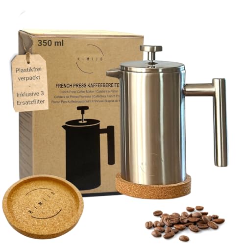 KIMIJO French Press Kaffeebereiter, Edelstahl gebürstet, incl. 3 Ersatzfilter & Korkuntersetzer - Doppelwandig mit Thermofunktion - in drei Größen erhältlich 350 ml, 600 ml und 1 Liter von KIMIJO