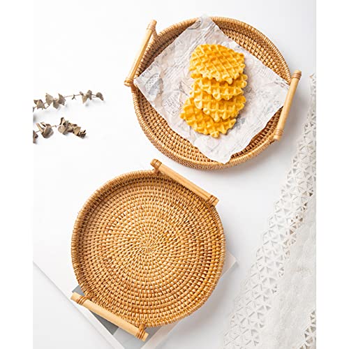 Handrundes Tablett aus Gewebtem Roundan-Serviertablett – Brot-, Obst-, Dessert- und Snackkorb mit Griffen | Idealor Home &chen | Artikelnummer (Durchmesser 22 cm, Höhe 3 cm) von KIMISS