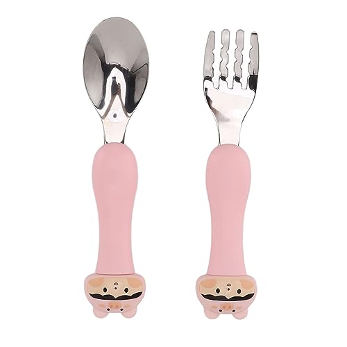 KIMISS Baby Fork und Löffel Set - Cartoon Tierdesign, Ergonomisches PP -Griff, Edelstahlgeschirr für Fütterung und Training (Schwein) von KIMISS