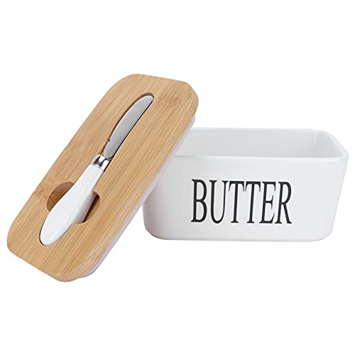 KIMISS Eleganter Keramikbutterbehälter mit Holzdeckel und Edelstahlmesser - Lebensmittelversiegelte Aufbewahrungsbox für Küche, Kühlschrank und Arbeitsplatte KIMISS Eleganter Keramikbutterbehälter mit Holzdeckel und Edelstahlmesser - Lebensmittelversiegelte Aufbewahrungsbox für Küche, Kühlschrank und Arbeitsplatte von KIMISS