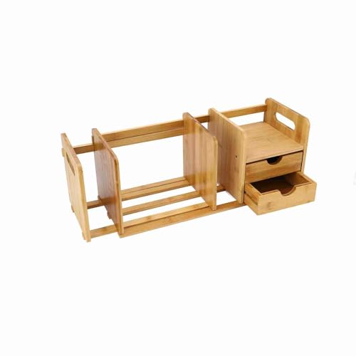 KIMISS Erweiterbarer Desktop -Organizer mit Zwei Schubladen für den Effizienten Speicher - Bambusholz Ausziehbarer Schreibtisch Tabletop Book Rackbuchregale Bücherregal Organizer mit 2 Schublade von KIMISS