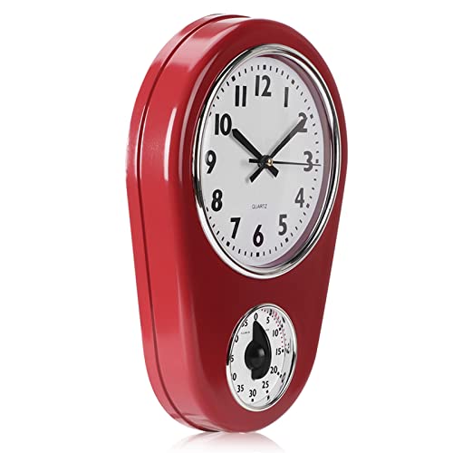 KIMISS Küchen-Wanduhr mit Timer, Rot, Küchen-Wanduhr, Rotes ABS-Glas, Vintage-Wanduhr, Große Uhr, Heim-Küchen-Timer von KIMISS