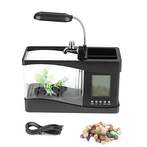 KIMISS Mini Aquarium Aquarium Kunststoff Multifunktionales USB Wiederaufladbares Mini Aquarium Aquarium mit Uhrfunktion LED-Licht Schwarz (Schwarz) von KIMISS