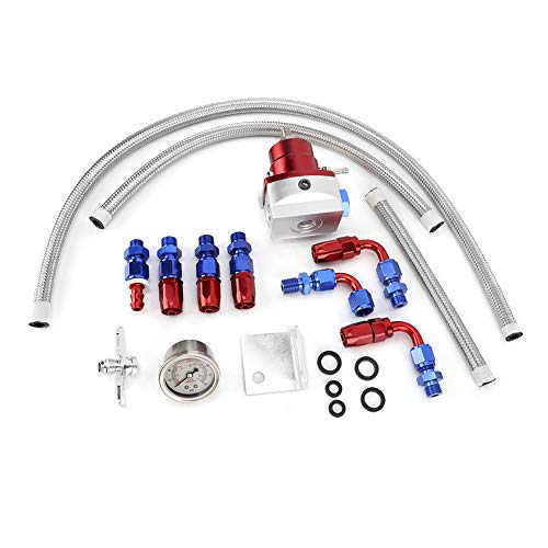 KIMISS universeller einstellbarer Kraftstoffdruckregler für Autos, Kraftstoff Manometer Kit aus Edelstahl 304 mit Manometer 100PSI(Rotes Silber) von KIMISS