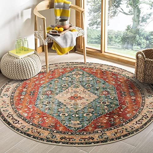 KIMODE Boho Tribal Rund Groß Teppich 120 cm, Bohemian Weicher rutschfest Waschbarer Kurzflor Wohnzimmer Teppiche,Für Eingangsbereich Innen Schlafzimmer Kinderzimmer Waschküche, Rot von KIMODE