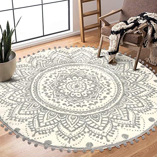 KIMODE Boho Runder Grau Teppich 120cm Mandala Schlafzimmer Weicher Großer Teppich mit Pom Pom Fransen rutschfest Waschbar Akzentüberwurf für Schlafzimmer, Sofa, Kinderzimmer von KIMODE