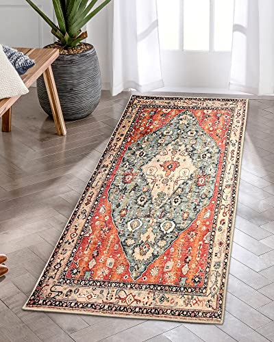 KIMODE Boho Tribal Teppich Flur Läufer 60 x 130cm, Bohemian Distressed Kunstwolle rutschfest Waschbar Kurzflor Bodenteppich Fußmatte,Für Küche Waschküche Eingang Badezimmer Rot von KIMODE